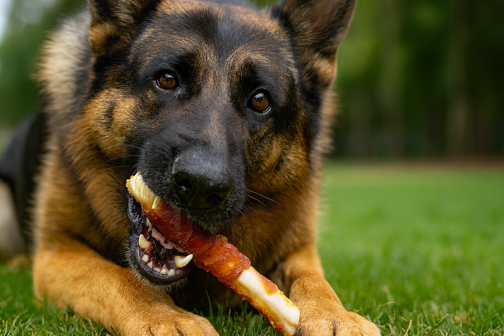 German Shepherd dog chewing on a MerNova DuckChew in a grassy outdoor setting.
