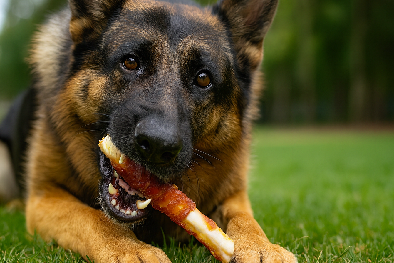 German Shepherd dog chewing on a MerNova DuckChew in a grassy outdoor setting.
