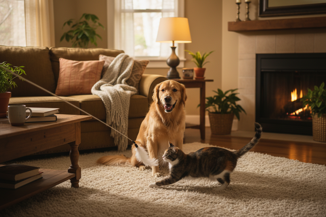 cat and dog playing indoors